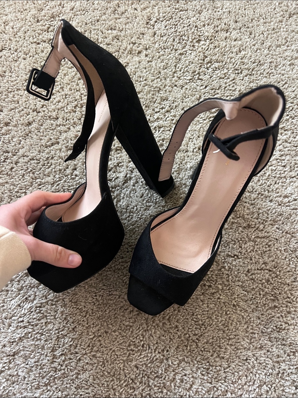PrettyLittleThing Black Suede Platform Ankle-Strap Heels